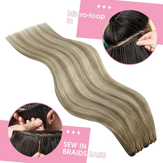 YoungSee 24Inch Hair Extensions Weft Light Brown Blonde Hand Tied Weft Hair Extensions Human Hair Balayage Light Brown Mix Platinum Blonde Sew in Extensions for Long Hair 100G