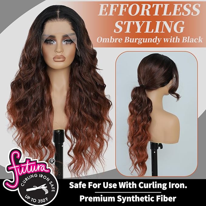 Synthetic 13x4 HD Lace Front Wigs Pre Plucked 26 Inch Long Wavy Ombre Burgundy with Black 100% Futura Premium Lace Wigs For Black Women Ready to Wear Daily Party Use