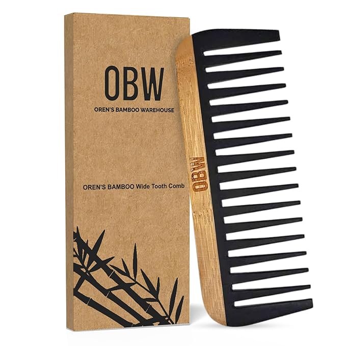 OBW Bamboo Wide Tooth Comb – Detangler for Curly, Thick & Natural Hair – Dimensions: 5.8x2.1 in, 1.1 oz - Lightweight & Durable Bakelite-Infused Comb for Men & Women – Anti-Frizz Hair Tool by ORW