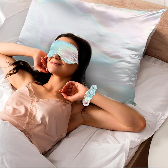 2 Pack Satin Pillowcase with Hidden Zipper, Adjustable Satin Eye Mask for Sleeping and Satin Volume Scrunchie for Hair and Skin, Standard Size(Aurora,Classic Style)