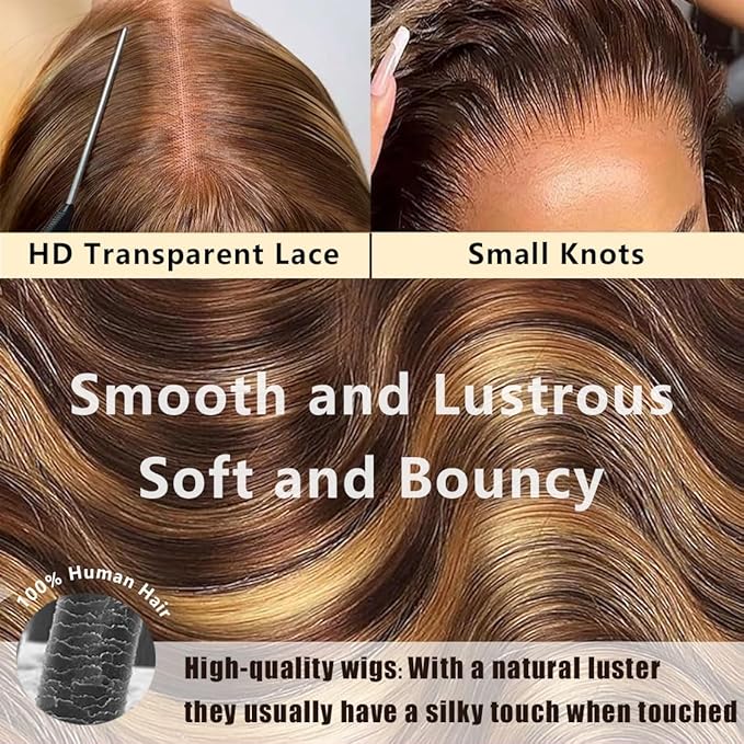 13x6 Ombre HD Lace Front Wigs Human Hair Highlight Wig 220 Density Body Wave Wig Pre Plucked Honey Blonde Lace Front Wig P4/27 Colored for Women Human Hair Wig 24 Inch