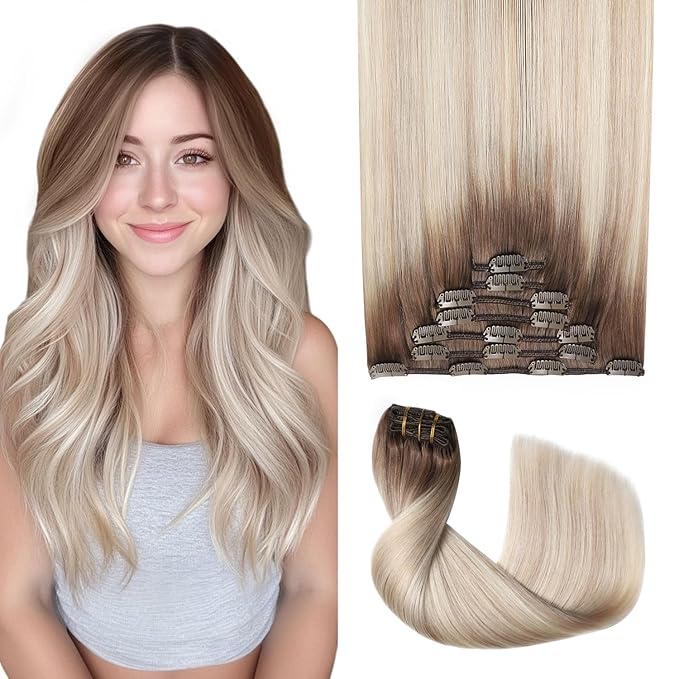 Pro2.0 Clip in Hair Extensions Real Human Hair 120g Thick 7pcs #8/60/18 Ash Brown to Ash Blonde Mix Platinum Remy Real Human Hair Extensions Clip ins 14inch Double Weft（#8/60/18-14inch）