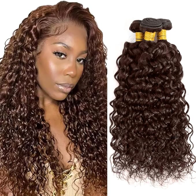30 32 34 Inch Chocolate Brown Bundles Human Hair Color 4 Water Wave Bundles Niegmeag Hair Peruvian Virgin Remy Hair Extensions Brown Wet and Wavy Bundle