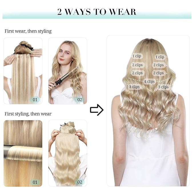 DOORES Hair Extensions Real Human Hair, Light Blonde Highlighted Golden Blonde 150g 9pcs 16 Inch, Remy Hair Extensions Clip in Human Hair Extensions For Women Clip in Straight Thick Hair Extensions