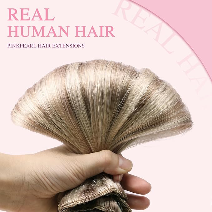 PINKPEARL Clip in Hair Extensions Straight Human Hair #18/22/60 Balayage Ash Blonde to Golden Blonde and Platinum Blonde 7pcs 120g 16 Inch Real Hair Clip in Extensions(#18/22/60-16)