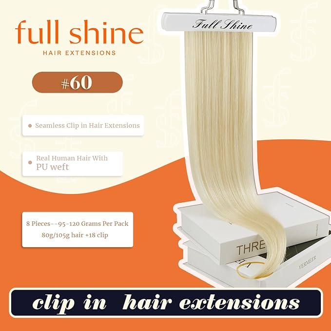 Full Shine Seamless Clip in Hair Extensions Human Hair Blonde 24 Inch Clip in Human Hair Extensions Remy Hair Platinum Blonde Hair with PU Weft 8 PCS 120 G