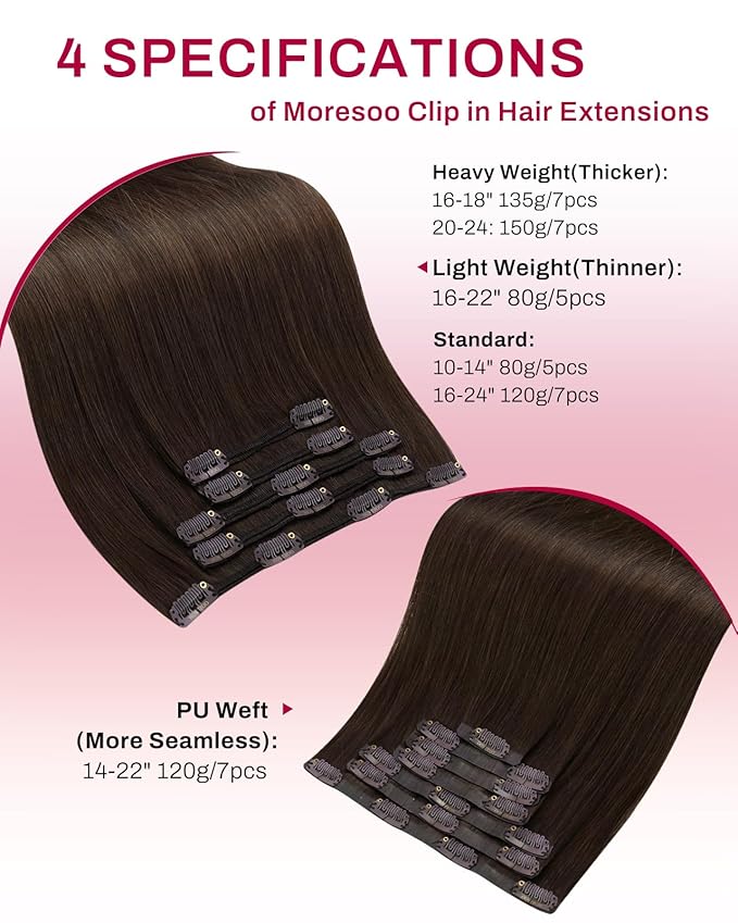 Moresoo 14 inch Clip in Hair Extensions Chocolate Brown Hair Extensions Real Human Hair Clip ins Medium Brown Remy Human Hair for Women Short 80g/5pcs
