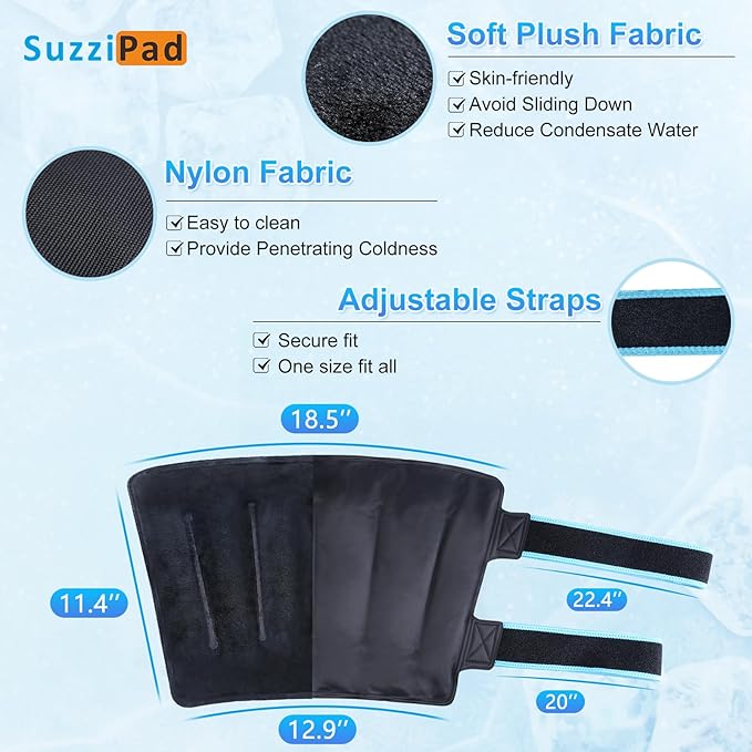 SuzziPad 360° Cold Pack for Calf, Shin, Arm & Elbow – Ice Wrap with Dual-Cover Design, Adjustable Velcro Straps, Leakproof & Reusable Cold Compress for Post-Workout Recovery (2 Packs), Black