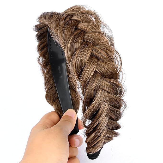 DIGUAN Wide Messy Braided Headband With Teeth Synthetic Hair Plaited Headband High Elasticity Braids Chunky Fishtail Braided Hair Band Hairpiece for Girls Women Beauty Accessory (Claybank)