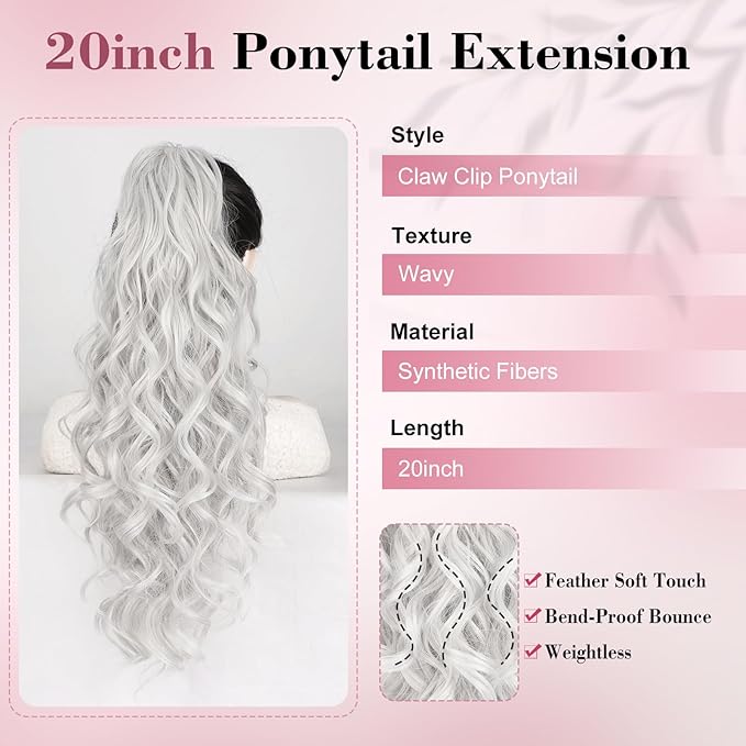 QGZ Ponytail Extension 20 Inch Claw Clip Ponytail Hair Extension Natural Synthetic Curly Wavy Hairpiece for Women Daily Use(Silver Grey)