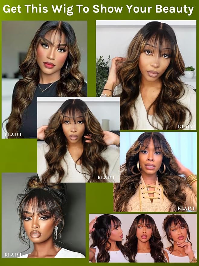 KLAIYI Ombre Brown Loose Body Wave Bye Bye Knots Glueless Precut 7x5 HD Lace Front Human Hair Bang Wig Drawstring Highlight Balayage Brown Pre Plucked Bleached 30S Ready to Wear and Go Wig 180% 18Inch