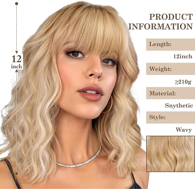 MISSQUEEN Blonde Bob Wig with Bangs Blonde Short Wavy Highlight White Wigs for Women curly hair with Bangs Heat Resistant Synthetic Wigs for Daily, Cosplay, Halloween,Party Wigs