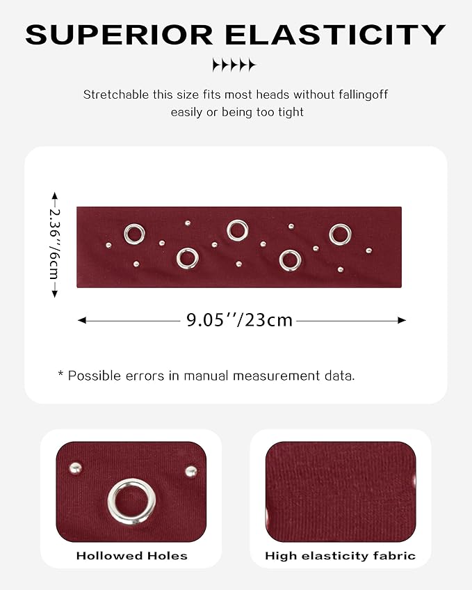 Grommet Headband for Women, Red Round Studs 23cm Hollow Out Elastic Hair Band, Eyelets Punk Grunge Stylish Hairband
