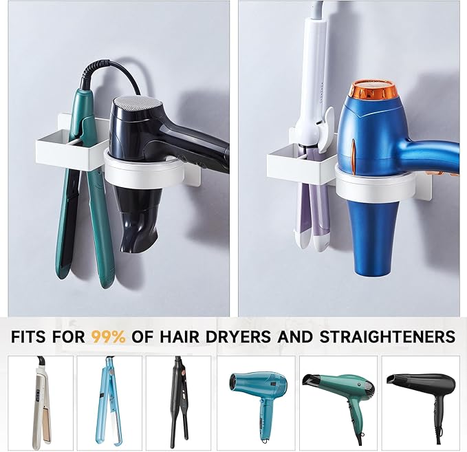 Blow Dryer Holder Wall Mounted, Hair Straightener Holder, Hair Dryer Holder Adhesive, Hair Tool Organizer for Flat Iron, Hairdryer, Curling Iron Holder for Bathroom Vanity Barber Shop (White)