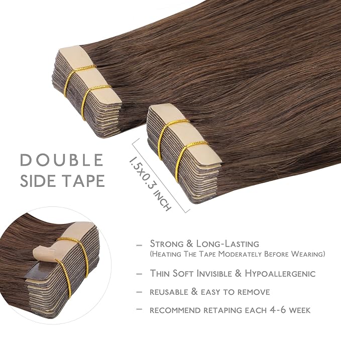 WENNALIFE Tape in Hair Extensions Human Hair, 20pcs 50g 16 inch Chocolate Brown Remy Hair Extensions Straight Human Hair Tape in Extensions Skin Weft Tape Extensions Human Hair