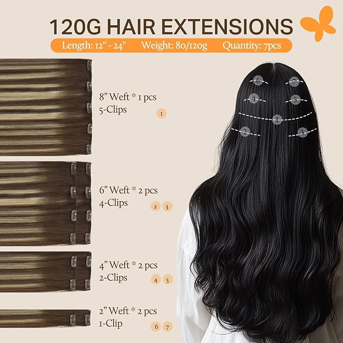 DOORES Clip in Hair Extensions Real Human Hair, Balayage Chocolate Brown to Honey Blonde 24 Inch 7pcs 120g, Human Hair Extensions Clip ins Remy Natural Hair Extensions Thick Straight Hair