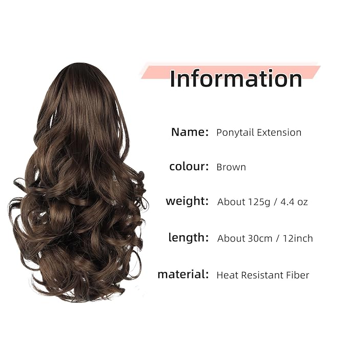 Ponytail Extension, Clip on Ponytails for Women, 12" Claw Clip in Short Curly Wavy Pony Hair Extension for Women - Brown