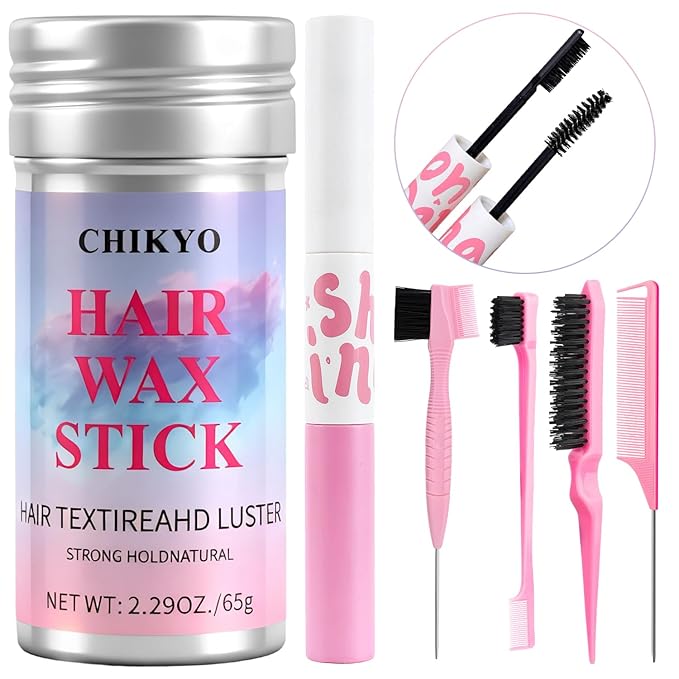 CHIKYO Hair Wax Stick, Edge Control Stick for Baby Hair, Slick Back Hair Brush, Flyaway Control, Edge Brush, Rat Tail Comb, Finishing & Coloring & Cleaning Styling Tools Set for Women, Men, Kids(6PCS)