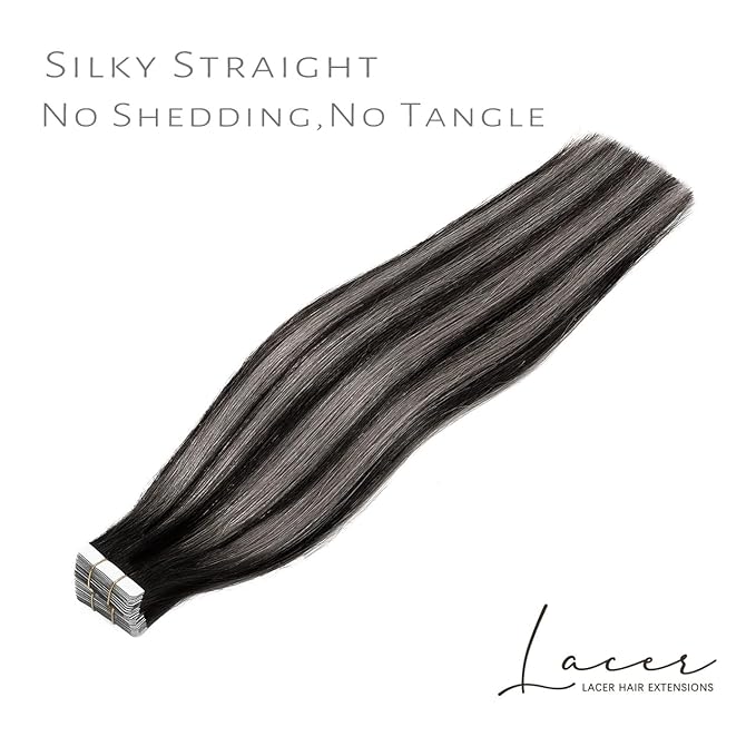 Lacer Grey Tape in Hair Extensions 18 Inch Natural Black to Silver Highlights Tape in Extensions with Natural Black Roots Color 20pcs/50g