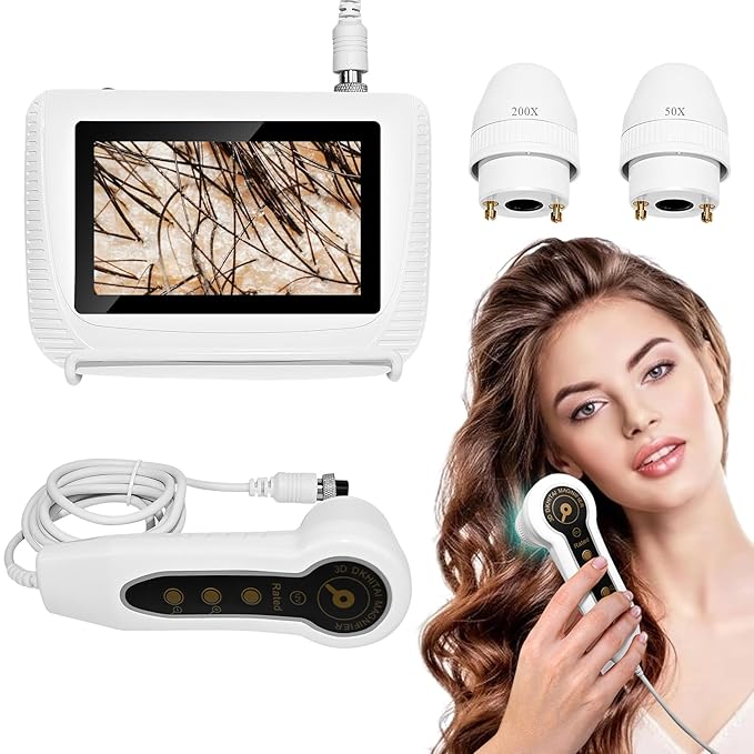 Skin Hair Analyzer 5 Inch Digital Skin & Hair Analyzer with 50x/200x Lenses, Portable Scalp Analyzer, Rechargeable Skin Detector, High-Definition Lcd Display, Suitable for Home and Salon Use