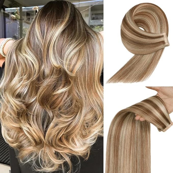 Tape in Extensions for Women 24 Inch Chestnut Brown to Blonde Highlight Real Hair Extensions for Thin Hair 20pcs Seamless Hair Extensions (P6/613#,24 Inch)