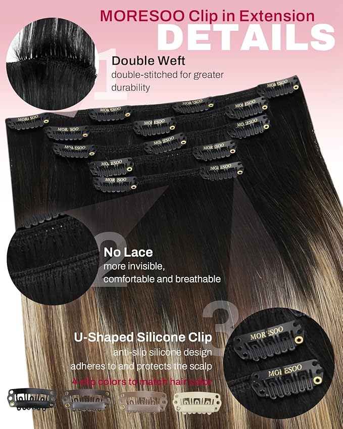 Moresoo Clip in Hair Extensions Real Human Hair Balayage Black to Dark Brown with Caramel Blonde 5pcs 80g Remy Straight Invisible Lace Double Weft Human Hair Clip in Extensions 16inch