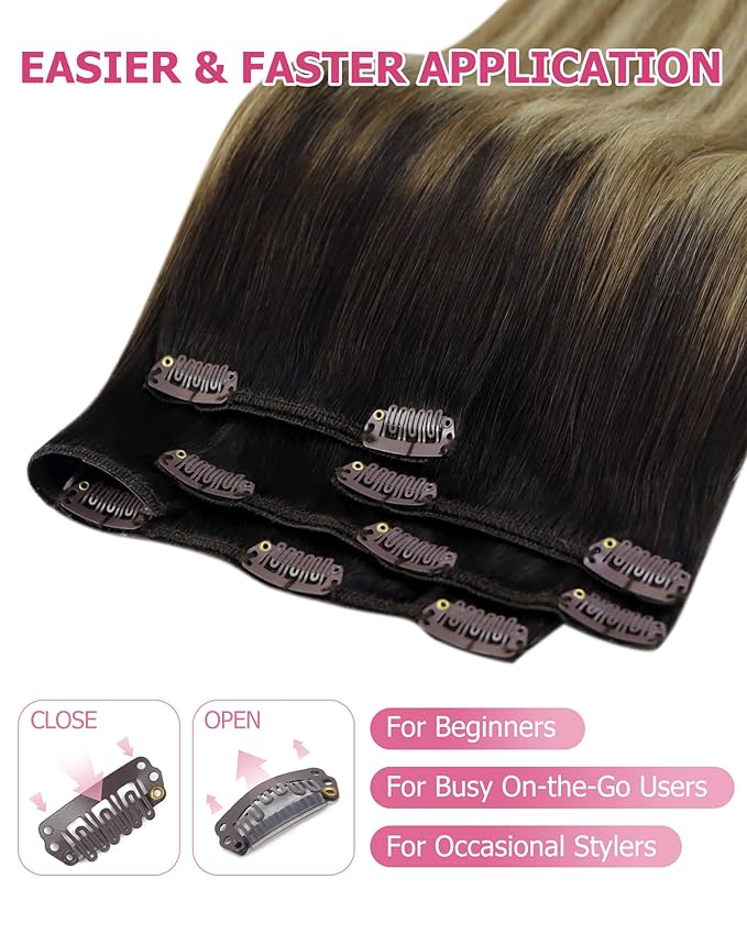 YoungSee 150g Clip in Human Hair Extensions Balayage Clip on Hair Extensions for Women Ombre Human Hair Extension Clip ins Dark Brown Roots to Medium Brown with Blonde Rmey Hair 20in 7pcs
