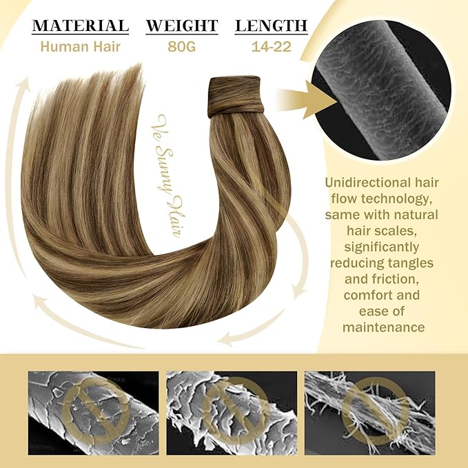 Ve Sunny Hair Extensions Ponytail Real Human Hair Wrap Around Clip in Ponytail Hair Extensions Straight Extensions Human Hair for Women Medium Brown Highlighted Caramel Blonde 18inch 80G 80G