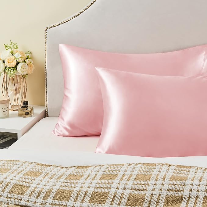 BEDELITE Satin Pillowcase with Zipper, Pink Pillow Cases Queen Size Set of 2, Super Soft and Cooling Similar to Silk Pillow Cases, Gift for Women Men(20x30 Inches)