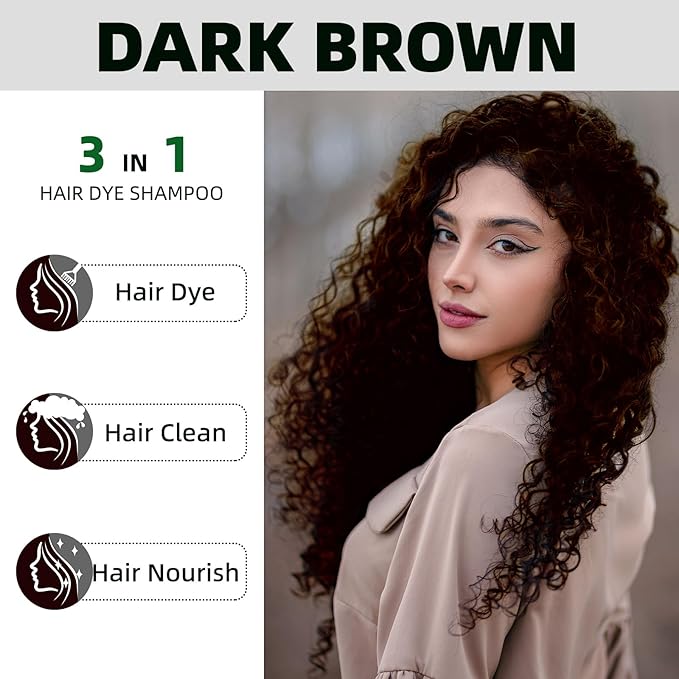 Dark Brown Hair Dye Shampoo 3 in 1 for Gray Coverage for Women/Men, Color Shampoo Instant Herbal Ingredients Semi Permanent