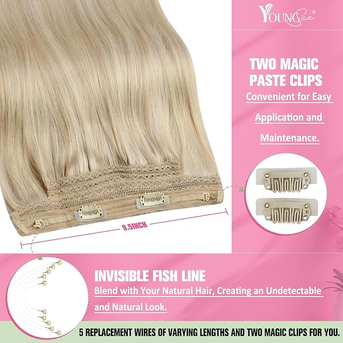 YoungSee Wire Hair Extensions Blonde Wire Hair Extensions Real Human Hair Ash Blond with Bleach Blonde Highlights Fish Line Hair Extension Real Human Hair for Women 14inch 80Gram
