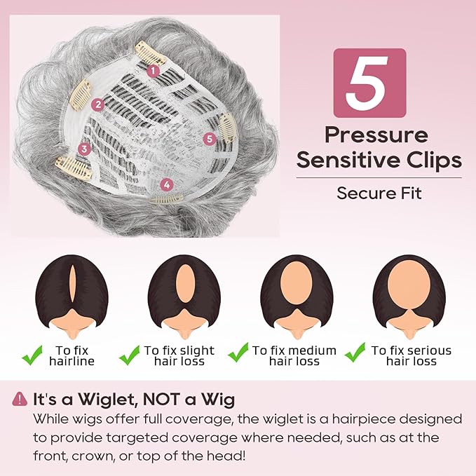 REECHO Hair Topper, Short Wiglet Hair Topper for Women with Thinning Large Coverage Synthetic Top Crown Hairpiece for Women - Silver Mist