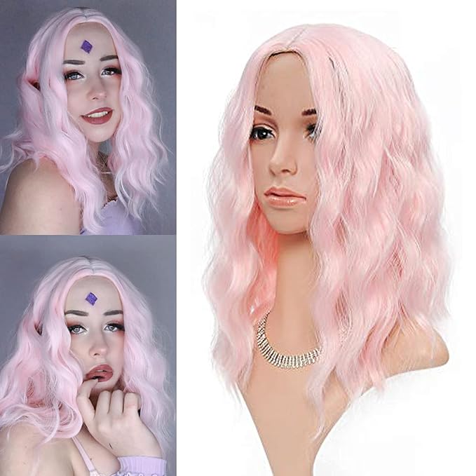 FAELBATY Light Pink Wigs For Women Curly Wavy Synthetic Women Girl's Wig Pure Pastel Cosplay Costume Halloween Wigs (14" Light Pink)