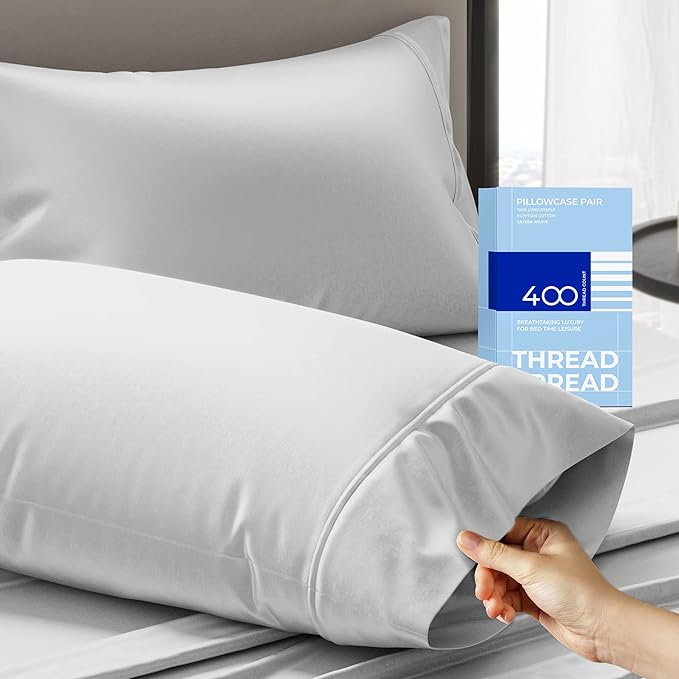 THREAD SPREAD 100% Cotton Pillowcases Standard/Queen Size Set of 2-400 Thread Count Cotton Pillowcases, Ultra Soft Cooling Sateen Weave Pillow Cases for Sleeping, Set of 2 Pillow Covers (Silver)
