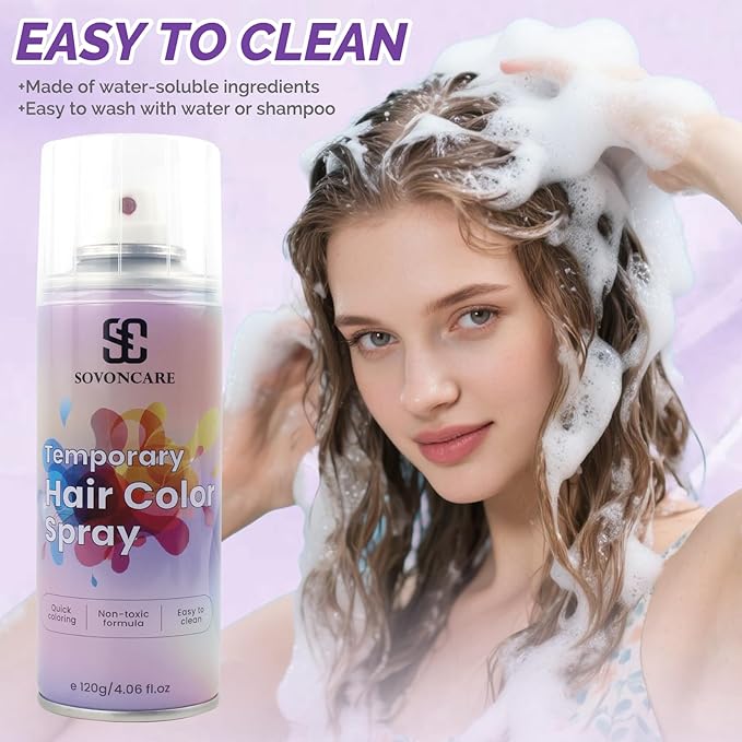 Purple Temporary Hair Color Spray, SOVONCARE Natural Hair Wax Dye Spray for Kids Halloween, Christmas Party, Cosplay -On 1-Day Washable 120ML