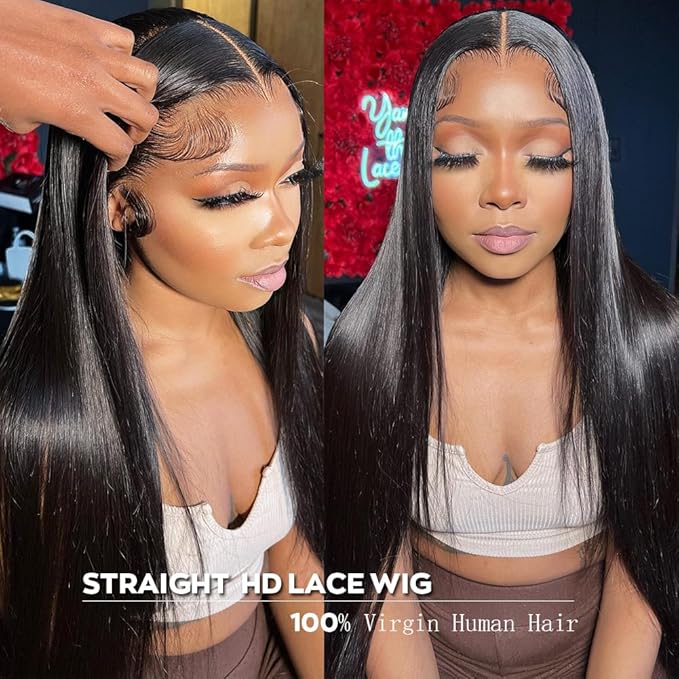 Iris Queen 12A 13x4 Straight HD Lace Front Human Hair Wigs Pre Plucked 180 Density Transparent Lace Frontal Wig with Baby Hair for Women Natural Black Color(26 Inch)