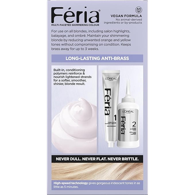 L'Oreal Paris Feria Long-Lasting Anti Brass Power Hair Toner, Ammonia Free Demi Permanent Hair Color, Pearl Blonde Hair Toner, 1 Application (Pack of 2)