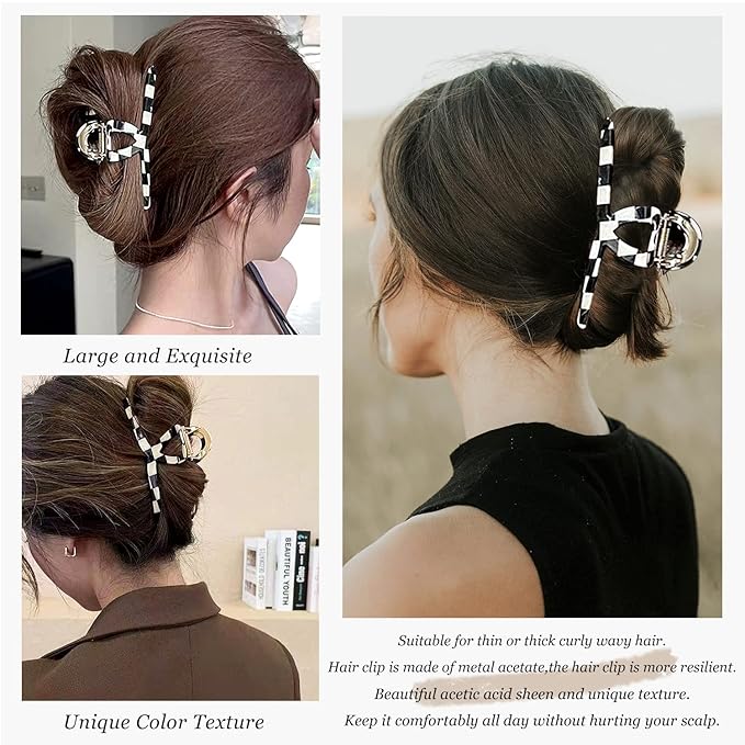 Big Butterfly Metal Hair Claw Clips for Women - Checkerboard Clamps with Strong Hold, 4.7" Large Hair Accessories for Long Thick Hair (Black&White)