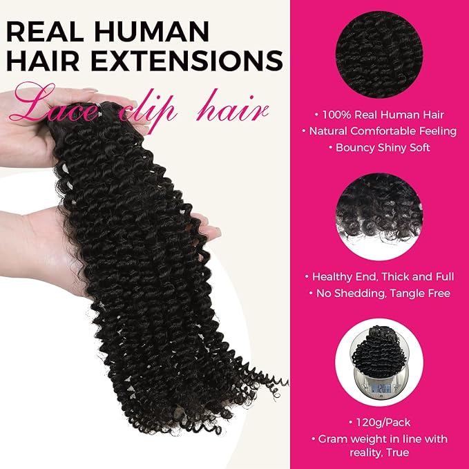 Lashey Hair Extensions Human Hair Clip in Extensions Kinky Curly 120g 7pcs Clip in Real Hair Extensions 18 Inch Natural Black Hair Extensions Real Human Hair for Black Women