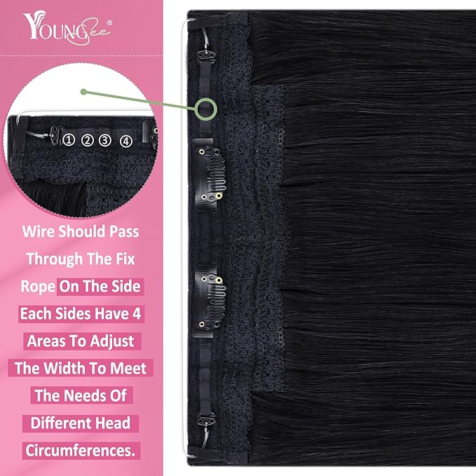 YoungSee Invisible Wire Hair Extensions Real Human Hair Black Wire Human Hair Extensions Jet Black Fish Line Hair Extension for Women 14In 80G