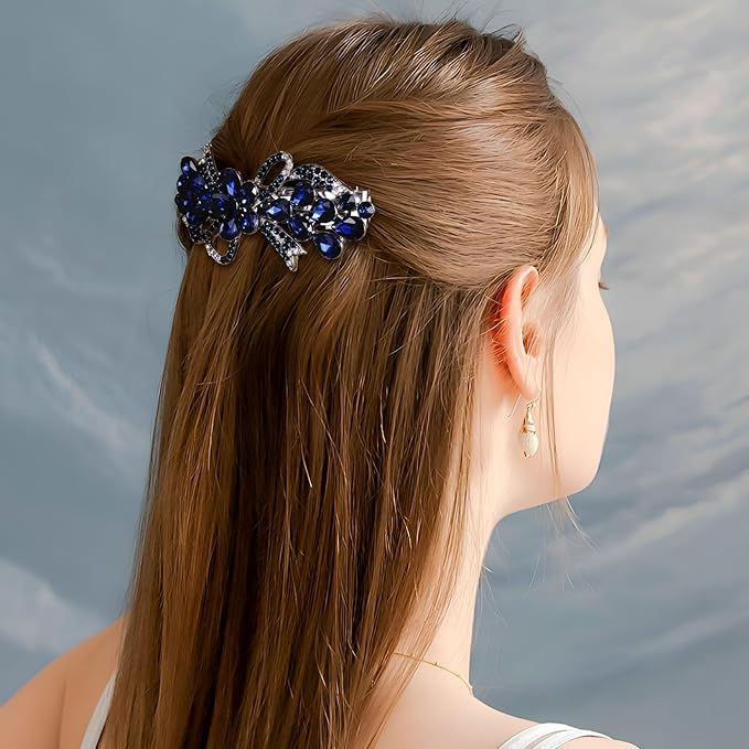 Joez Wonderful Rhinestone Hair Clip Sparkly Crystal Barrettes French Wedding Prom Engagement Pageant First Communion Hair Decorative Accessories for Women Long Hair (Bow Blue, 1 Pcs)