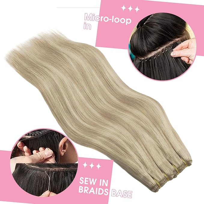 YoungSee Blonde Hair Extensions Weft Highlights Warm Ash Blond Mix Bleach Blonde Weft Extensions Human Hair Dyable Sew in Hair Extensions Real Human Hair for DIY 20Inch 100G