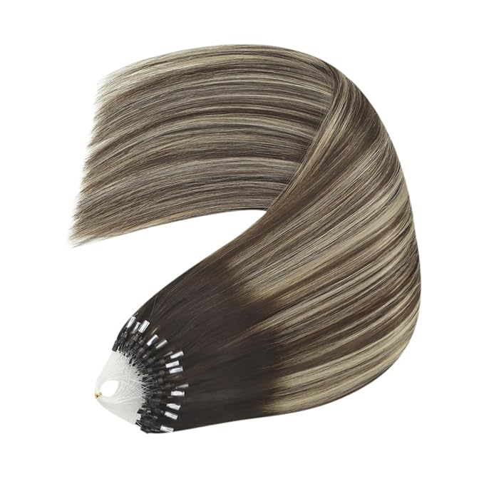 YoungSee Microbead Hair Extensions Human Hair Dark Brown Ombre Blonde Microlink Hair Extensions Human Hair Dark Brown Balayage Micro Loop Hair Extension 24 Inch 50g 50s Cold Fusion for Long Hair