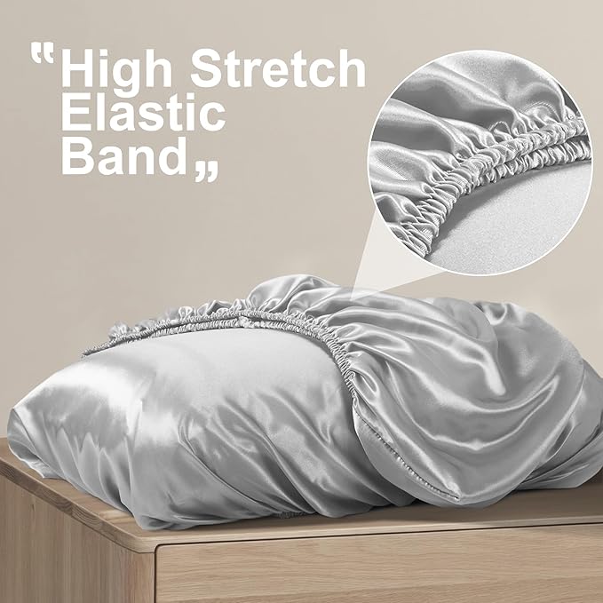 SiinvdaBZX Silver Grey Satin Pillowcase Standard/Queen Size Set of 2, Silky Travel Elastic Band Satin Pillow Case for Hair and Skin, Soft Portable & Fit for Various Pillow