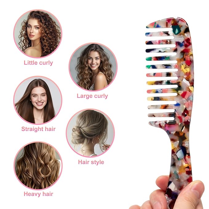 Large Wide Tooth Hair Comb,[Tortoise Shell] Cellulose Acetate Round Tooth Comb for Straight/Curly Hair,Short/Long Hair Women Men or Kids,Easy Detangling Wet or Dry,Anti-static (Multi-colored)