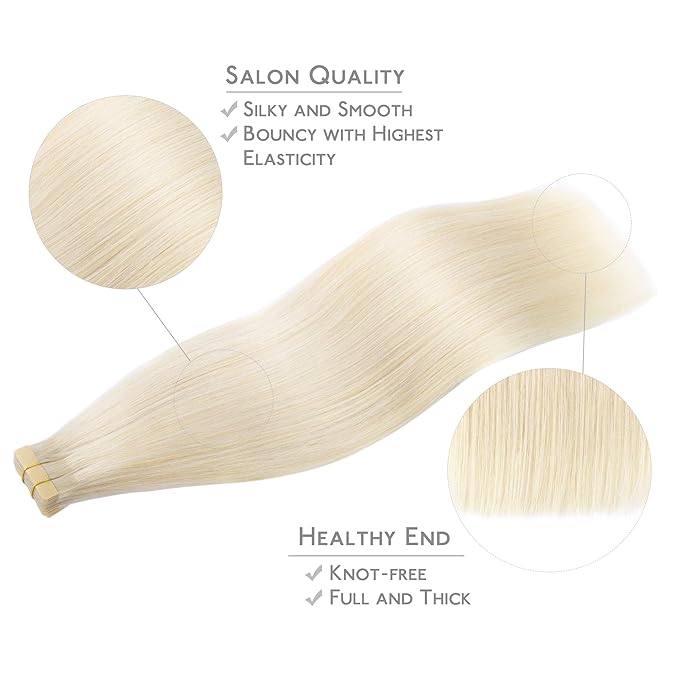 WENNALIFE Tape in Hair Extensions Human Hair, 20pcs 50g 22 inch Platinum Blonde Remy Hair Extensions Straight Human Hair Tape in Extensions Skin Weft Tape Extensions Human Hair