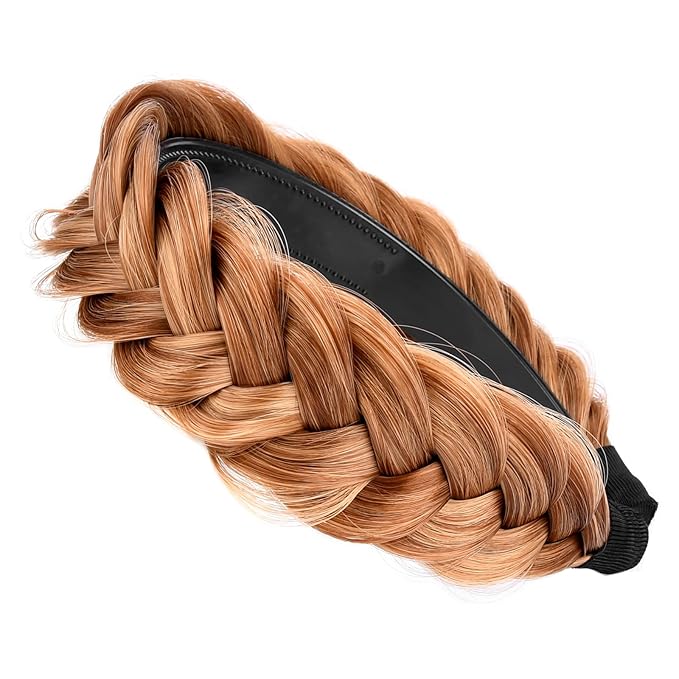 DIGUAN Wide Messy Braided Headband With Teeth Synthetic Hair Plaited Headband High Elasticity Braids Chunky Fishtail Braided Hair Band Hairpiece for Girls Women Beauty Accessory (Strawberry Blonde)