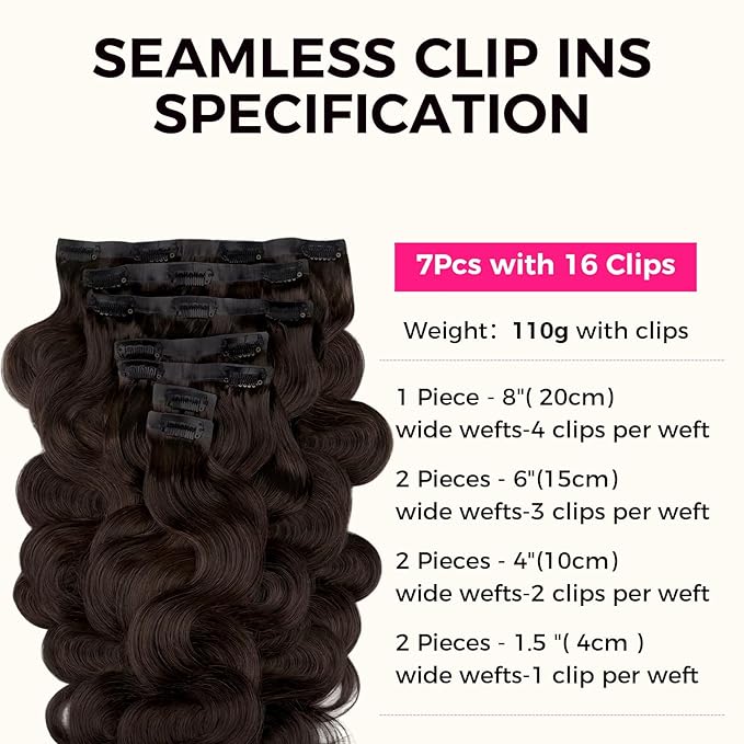 Lashey Seamless Clip in Hair Extensions Human Hair #2 Dark Brown Body Wave Clip in, Real Human Hair 7pcs 110g 24 Inch PU Weft Natural for Women
