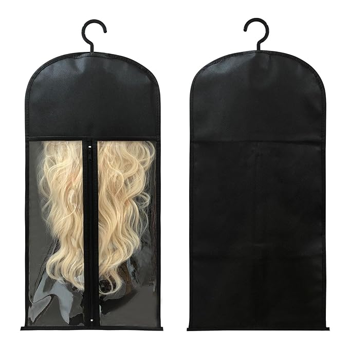 Jonley 4Pcs Wig Storage Wig Bags Storage with Hanger, Wig Storage Bag with Hair Extensions Wigs and Accessories, Breathable and Easy to Carry Home Hair Salon Travel Available (Black 23.5in)