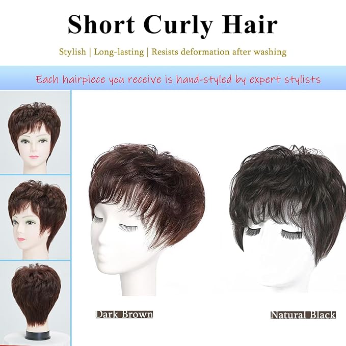 Short Human Hair Topper for Women with Hairloss,Invisible Clip in Texture Wavy Topper Hairpiece with Large Mesh 6.3x7 Ins and Silk Top Base Natural Fluffy Wiglet Hairpiece Dark Brown